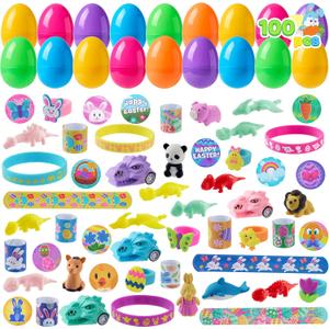 JOYIN 100 Pcs Prefilled Easter Eggs With Assorted Toys Plus Stickers Inside, Stuffed Eggs with Diverse toys for Easter Egg Hunt, Kids Basket Stuffers Fillers, Party Favors, Classroom Prize Supplies