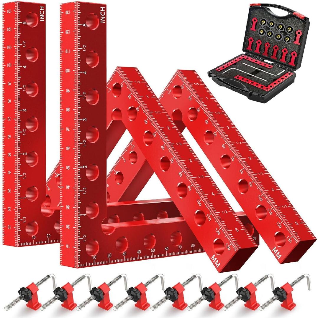 WETOLS Corner Clamps for Woodworking, 4Pcs 5.5" Aluminum Alloy Right Angle Clamp, Spreader Positioning Squares with 6-Sided Scales, 90 Degree Clamp for Cabinets, Drawers, Shelves, Frames (Red)