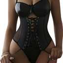 FEOYA Women Cutout Bodysuit Mesh Sheer One Piece Lingerie Leather Leotard for Cosplay Party Club (Medium, Black-lace Up)