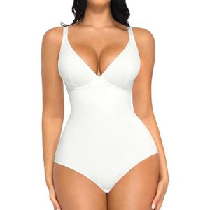 FeelinGirl Shapewear Bodysuits for Women Tummy Control Deep V Neck Body Suits with Built in Bra Tops, L