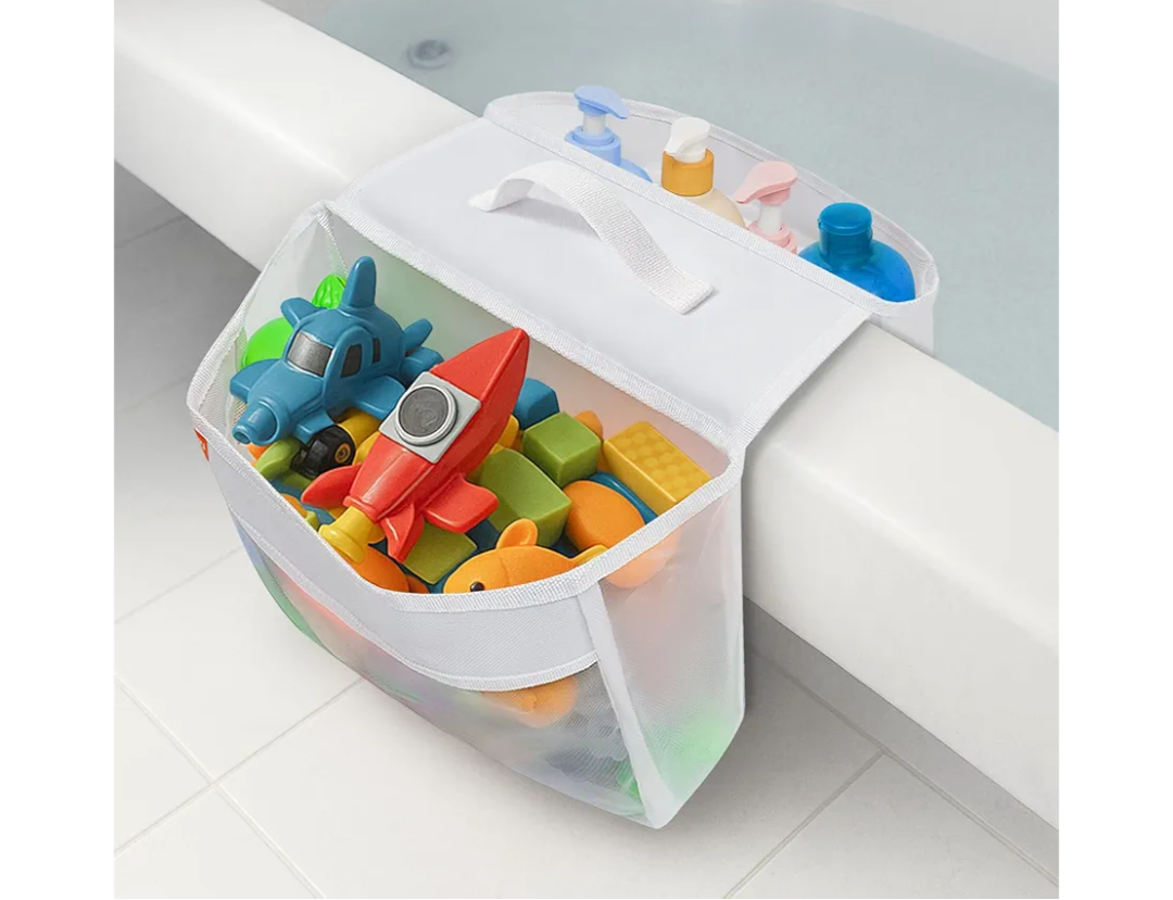 Bath Toy Organizer with 2 Pockets, Large Capacity Mesh Storage with Grip, Quick Dry, Perfect for Organizing Toys and Bath Essentials, Fits 6-Inch Tub Edges