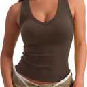 SUUKSESS Women Cotton Ribbed Summer Casual Tops Padded Loose Fit Tank Tops (Brown, L)