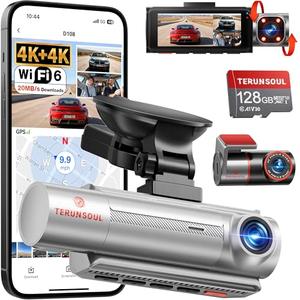 TERUNSOUl 4K+4K+1080P Dash Cam Front and Rear with Cabin, Free 128GB Card Included, WIFI6 - up to 20MB/s, IR Night Vision, Built-in GPS, G-Sensor, 24H Parking Mode