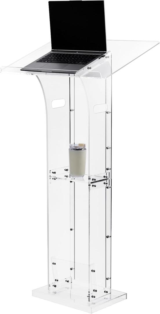 Acrylic Podium Pulpit Stand, 45.5" Clear Podium Stand with Storage Shelf for Classroom, Weddings, Conference, Concert, Professional Presentation Podiums