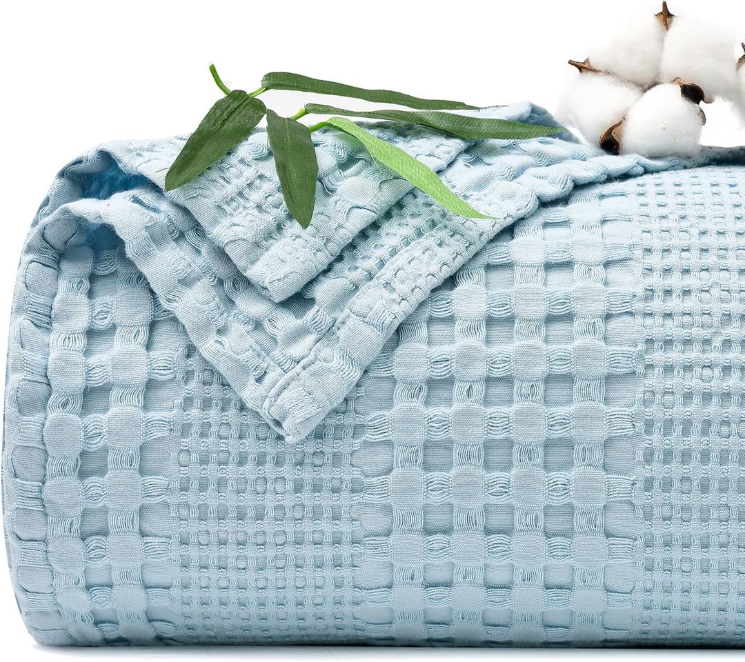 PHF Cooling Waffle Blanket Queen Size, Lightweight 60% Rayon Derived from Bamboo & 40% Cotton Breathable Blanket for Hot Sleepers, Soft and Luxury for Bed Couch and Sofa, 90"x90",Sky Blue