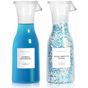 Laundry Detergent Dispenser Bottle 40oz with Waterproof Label for Laundry Detergent Soap Fabric Softener Bleach Scent Booster Beads, Sturdy PET Bottle for Laundry Room Decor 2 Pack White