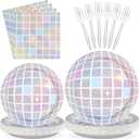 Grencian 96Pcs Disco Party Supplies Pink Pastel Silver Disco Ball Plates and Napkins Tableware Sets Rainbow Iridescent Birthday Decorations for Wedding Sprinkle Bachelorette 70s Disco Party Serves 24