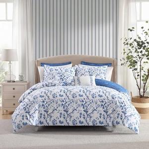 Laura Ashley - Queen Comforter Set, Soft & Reversible Cotton Bedding, Medium Weight for Year Round Comfort, 7 Piece Bed Set with Matching Pillowcases, Euro Shams & Bonus Throw Pillows (Elise Blue)
