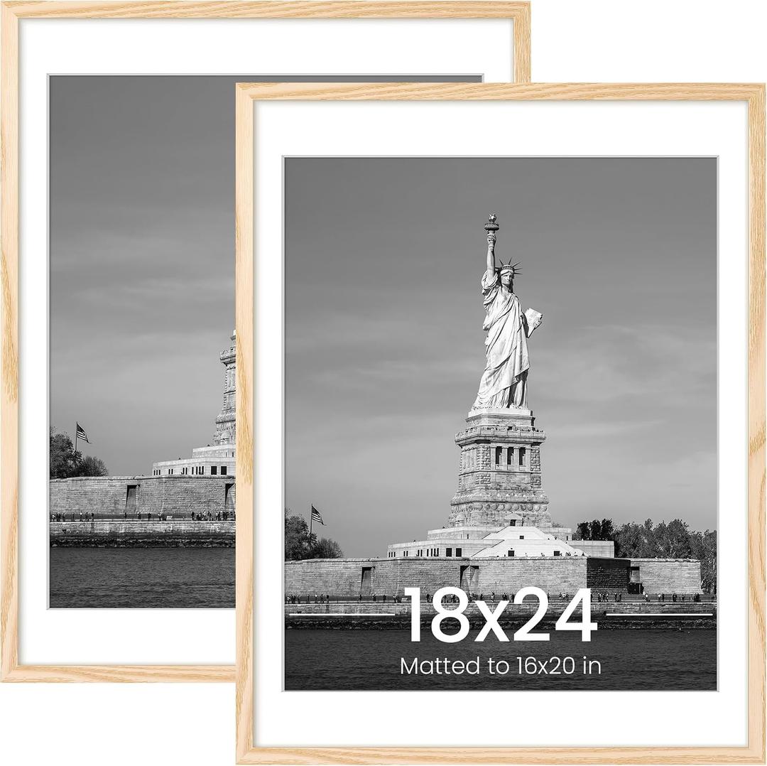 ENJOYBASICS 18x24 Picture Frame, Display Poster 16x20 with Mat or 18 x 24 Without Mat, Wall Gallery Photo Frames, Natural, 2 Pack