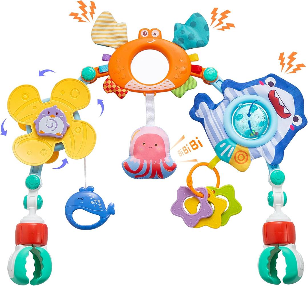 Baby Stroller Arch Toy, Car Seat Toys, Adjustable Arch Stroller toy with Hanging Sensory Activity toys,fits on Baby Bouncer, Bassinet, Stroller, Crib and Car Seats for baby infant Boy Girl 0-18 Months (Set4)