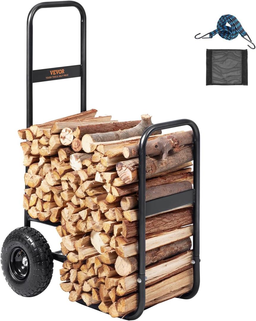 VEVOR Log Cart 250 lbs Load Capacity, Outdoor and Indoor Wood Rack Storage Mover with Pneumatic Rubber Wheels, Heavy Duty Steel Dolly Hauler, Firewood Carrier for Fireplace, Fire Pit, Black
