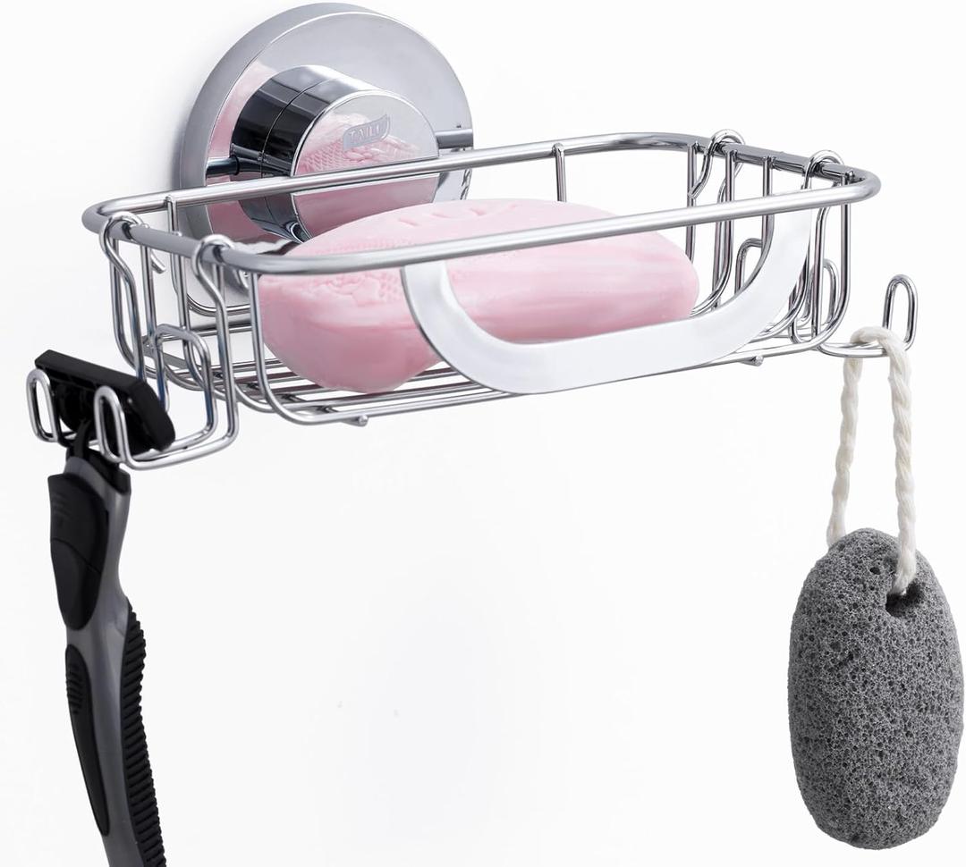 TAILI Soap Dish Bar Holder with Hooks and Razor Saver,Suction Cup Soap Tray Caddy for Bathroom Shower Wall,Rustproof Stainless Steel Sponge Holder for Kitchen,Bathroom Shower Accessories,Silver (5.6" * 4.6")