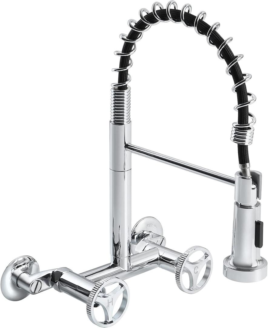 Wall Mount Kitchen Faucet with Pull Down Sprayer, 6 Inches Center Two Handles Commercial Kitchen Sink Faucet, 2 Functions Sprayer, Polished Chrome Utility Sink Faucet