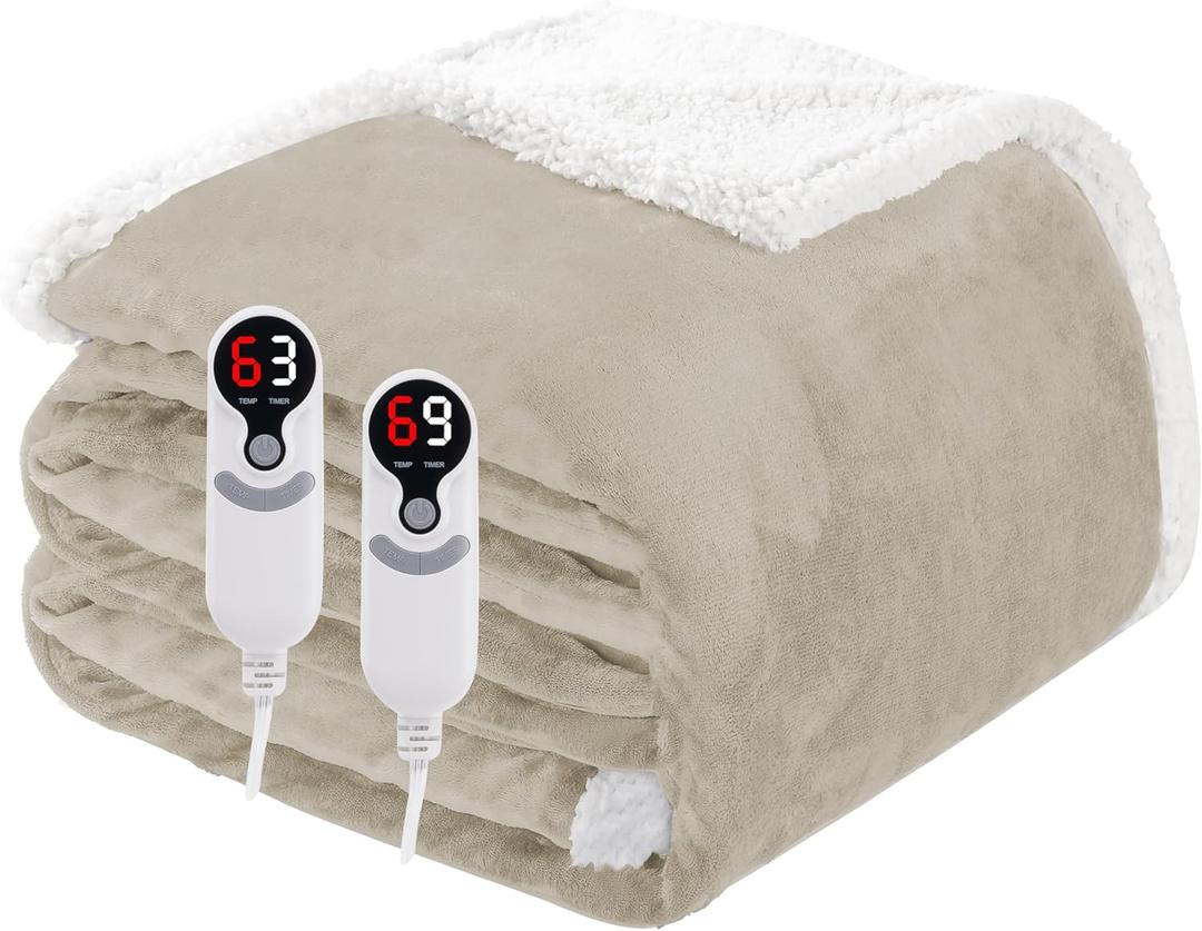 Electric Heated Blanket Queen Size 84"x90", Soft Flannel with Dual Controllers & Overheat Protection, 9 Adjustable Heat Settings & 10-Hour Auto-Off Timer, Fast Heating for Winter Comfort, Camel