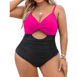 Blooming Jelly Womens Plus Size Bathing Suit Tummy Control One Piece Swimsuit Twist Front Ruched Swimwear (Large, Black and Pink)