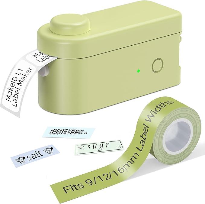 Makeid Label Maker Bundle Includes 3 Label Tapes, Compatible with 9~16mm Waterproof Tape, Portable Rechargeable Label Printer Multiple Templates Labeler for Office Home Kitchen Organization (Green)