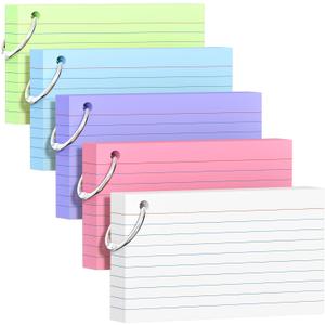 250 Count Colored Index Cards 3x5 Inch with Key Ring, 180gsm Heavy Weight Flash Cards 5 Color (50 Sheets Each) Portable Note Taking for Students, Teachers, Study Note Cards for Office School Supplies