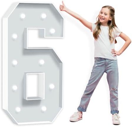 4 Feet Tall Marquee Light Up Numbers, Foam Board Mosaic Balloon for Party Backdrop Displays, Big Happy 6th 60th Birthday Light Up Sign, Cardboard Number 6 for Parties Decorations, Assembly Required