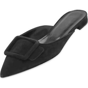 Mules for Women,Slingback Buckle Flat Mules Pointed Toe Slide Shoes (8, Black)