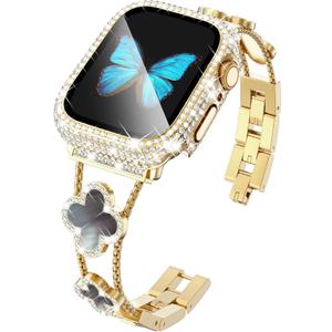KADES Compatible for Apple Watch Series 10 46mm/42mm Series 9 8 7 45mm/41mm Series 6 5 4 SE 44mm/40mm Series 3 2 1 42mm/38mm, Sparkling Bling Diamond Band with Full Diamonds Case (Gold with Black Pearl Shell)