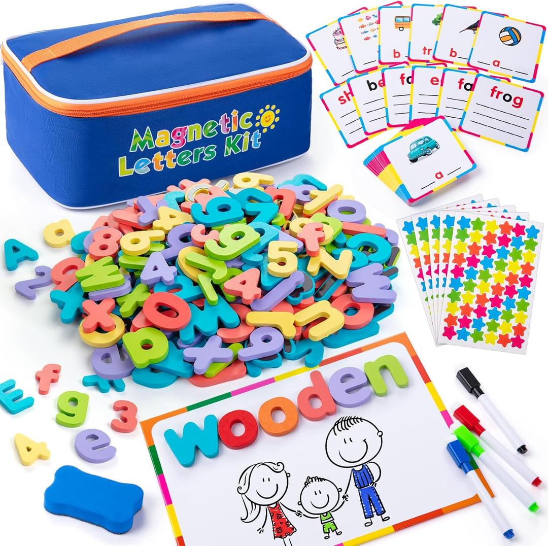 Sundaymot Magnetic Alphabet Letters Kit310 Pcs with Magnetic Board and Organizer Bag, Upper and Lower Case Wooden Letters Educational Toy Set for Classroom Kids Learning Spelling