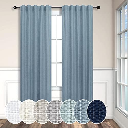 Light Blue Curtains 38 Inch Wide for Living Room 2 Panels Back Tab Pocket Light Reducing Semi Sheer Linen Long Skinny Small Country Blue Curtains for Bedroom Side Windows Grey Blue Width 38x84 Length