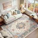 RELEANY Area Rugs 6'x9' Washable Non-Slip, Floral Vintage Distress Print Pattern Medallion Carpet for Living Room Bedroom Dining Room, Beige Navy Blue Orange Colorful