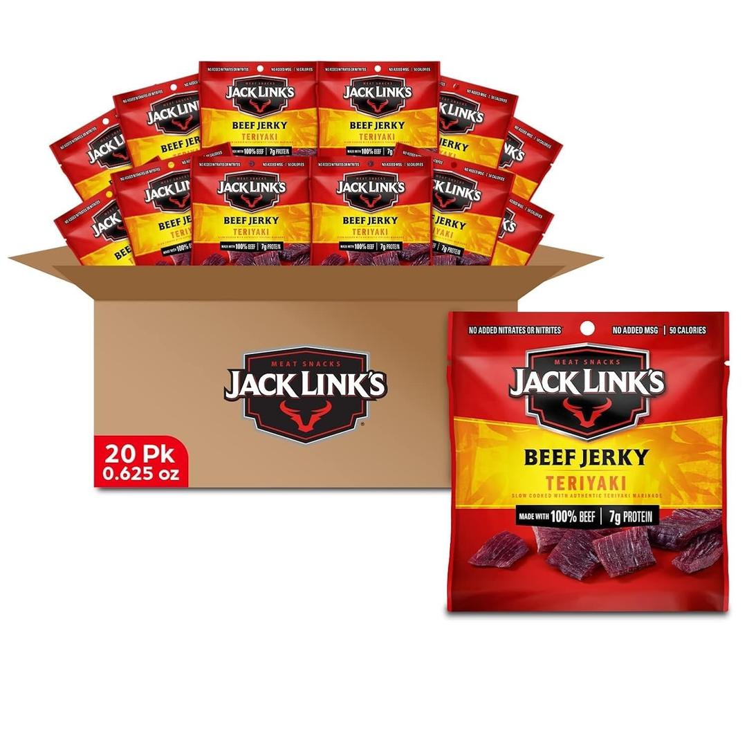 Jack Link's Beef Jerky, Teriyaki, Multipack Bags - Flavorful Meat Snacks for Lunches, Ready to Eat Protein Snacks, Individual Packs - 7g of Protein, Made with 100% Beef - 0.625 oz (Pack of 20), Best By: 03/02/2027