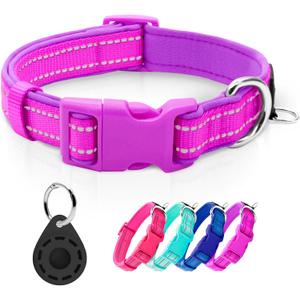 azuza Reflective Dog Collar with Airtag Holder, Soft Neoprene Padded Pet Collar with ID Tag Ring, Adjustable for Small Dogs,Purple,S
