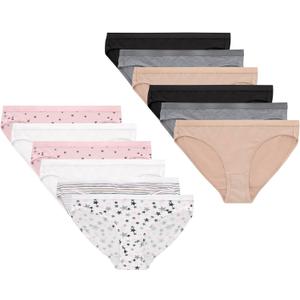 Hanes Big Bikini Underwear, Stretch Cotton Panties for Girls, Assorted, 12-Pack, Black, Nude, Grey, White, Dot Print, Stripe Print, Star Print, Size 12