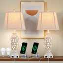 Living Room Lamps Set Bedside Lamp Farmhouse Rustic Lamp Bedroom for Nightstand Lights Set of 2 with USB A+C Ports Palace Lampshade (White Wash,28-in High)