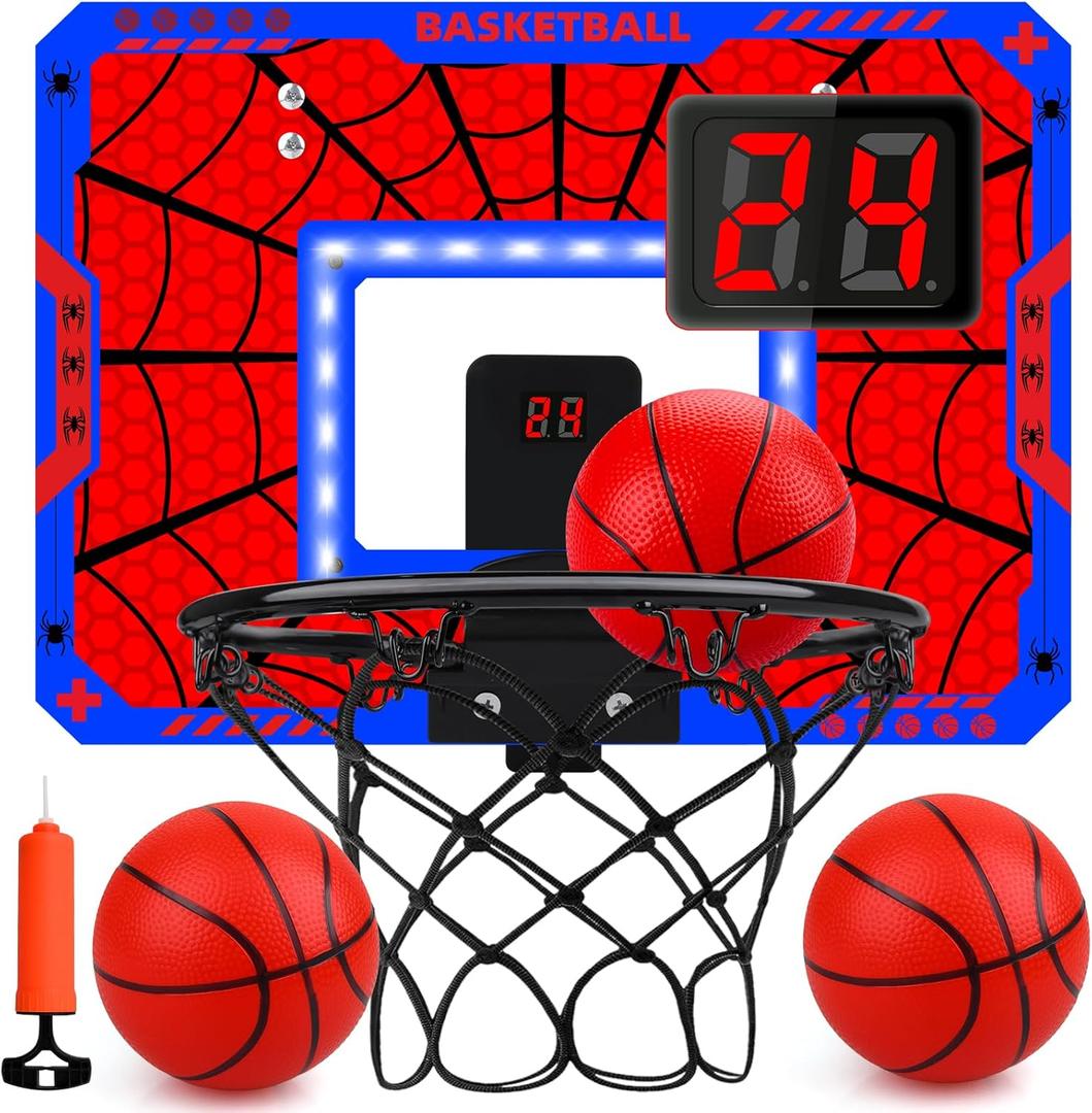 Basketball Hoop Indoor, Mini Basketball Hoop LED with 3 Balls and Scoreboard, Over The Door Basketball Hoop, Basketball Kids Toys Gifts for 3 4 5 6 7 8 9 10 11 12 Year Boys (Red)