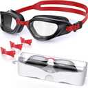 Swim Goggles, Unisex Adult Swimming Goggles Anti Fog Anti UV No Leakage Wide View for Men Women Youth (Black Red/Clear)