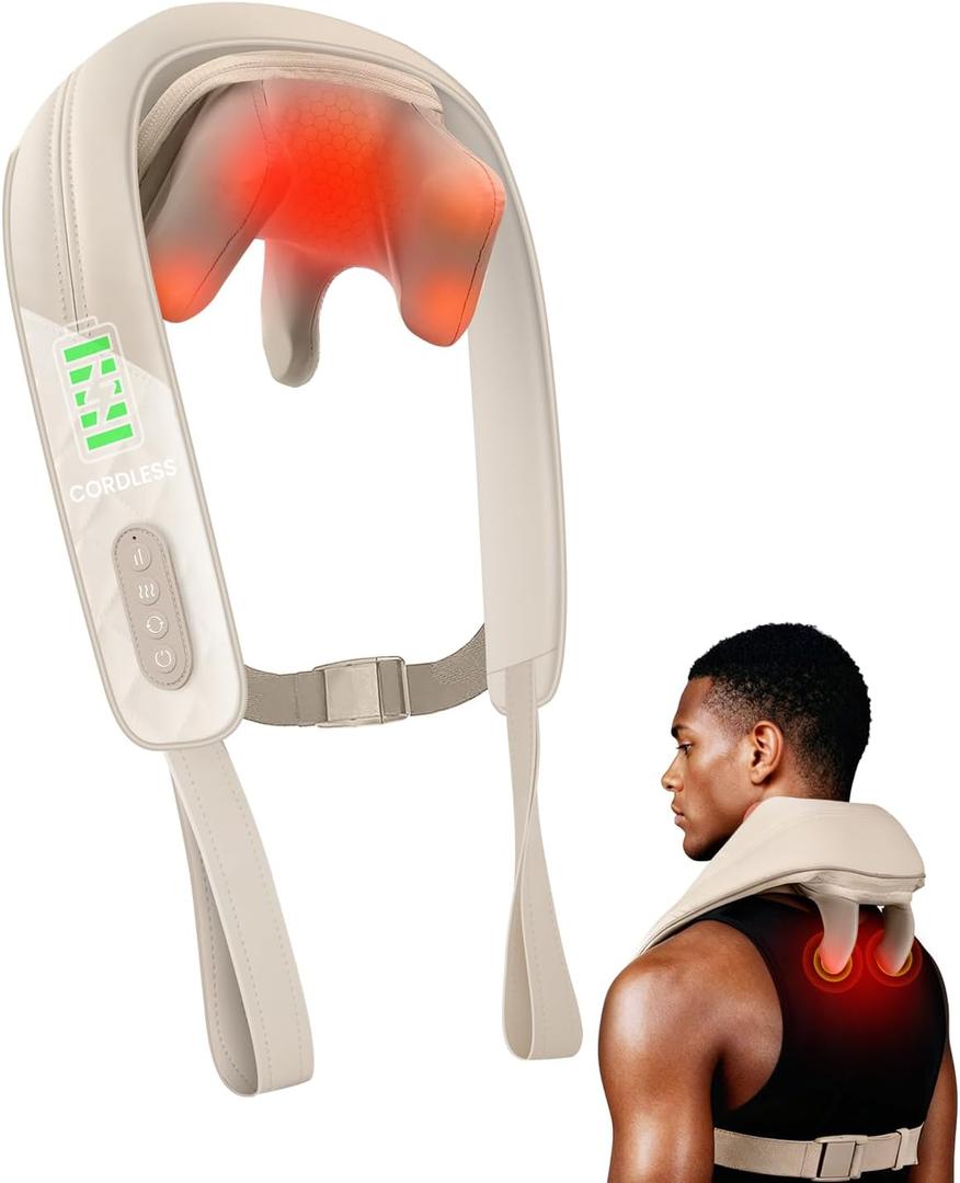 Snailax Cordless Neck Massager with Heat, Kneading Neck and Shoulder Massager Deep Tissue, Shiatsu Back Pillow, 2 Heating Levels,Gifts for Mom Dad (Khaki)