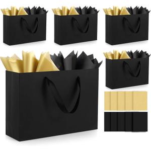 Epoesch 5 Pack Black Medium Gift Bags with Handles and Tissue Paper, 12.6x8.7x4 Inch Paper Bags Bulk for Men, Women, Birthdays Party, Shopping, Weddings, Valentine's Day, Easter, Anniversaries (Black medium-5Pcs)