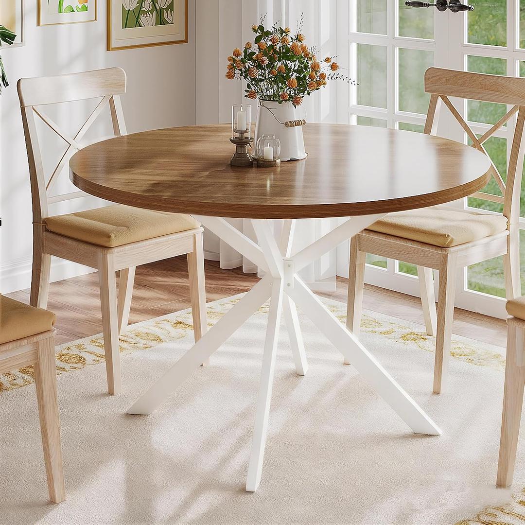 ChooChoo 47.2 Inch Round Dining Table for 4, Farmhouse Wood Kitchen Table, Circle Dinner Table for Kitchen & Dining Room, Walnut&White