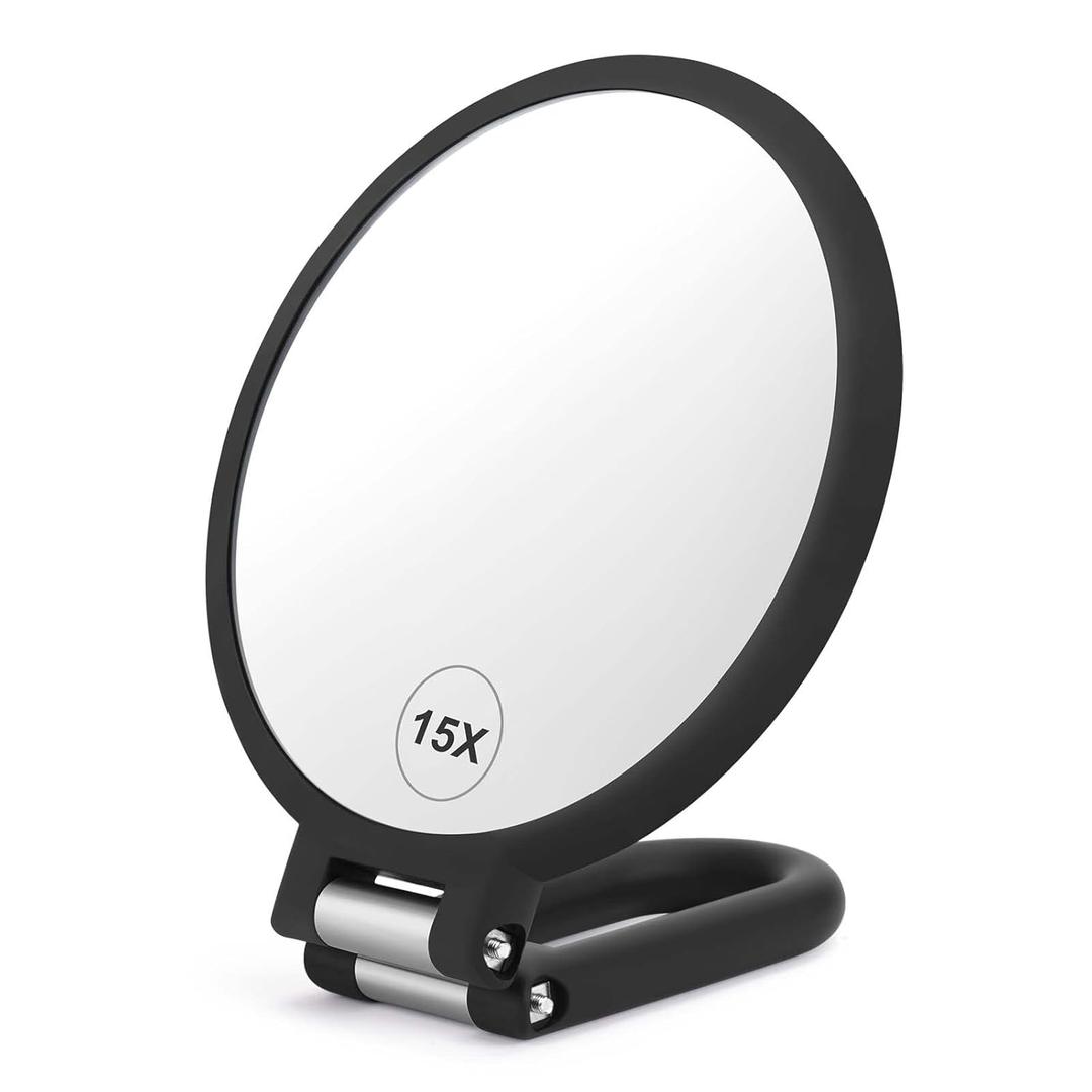 Magnifying Handheld Mirror Double Sided, 1X 15X Magnification Hand Mirrors, Travel Folding Hand Held Mirror, 360Rotation Pedestal Makeup Vanity Mirror