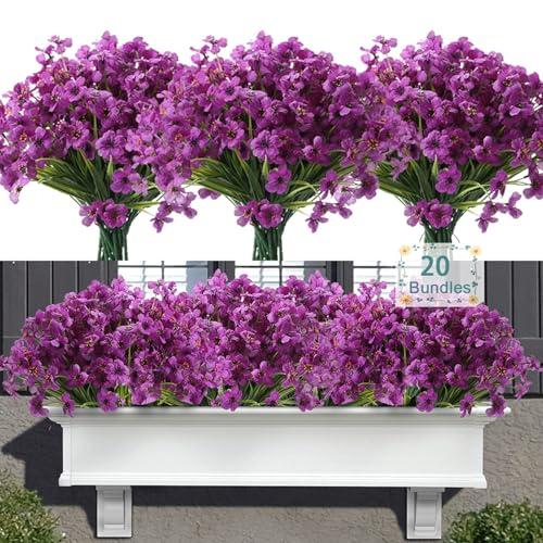 Satefello 20 Bundles Artificial Flowers for Outdoors, UV Resistant Fake Realistic Flowers with Plastic Plants Spring Decor, Faux Silk Flowers for Outside Window Box Front Porch Planter Decor-Purple