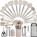 Cooking Utensils Set, 35Pcs Silicone Kitchen Utensils Set with Holder, 446F Heat Resistant Food Grade Spatula Set, BPA Free Kitchen Gadgets for Non-stick Cookware, Easy to Clean (Khaki)