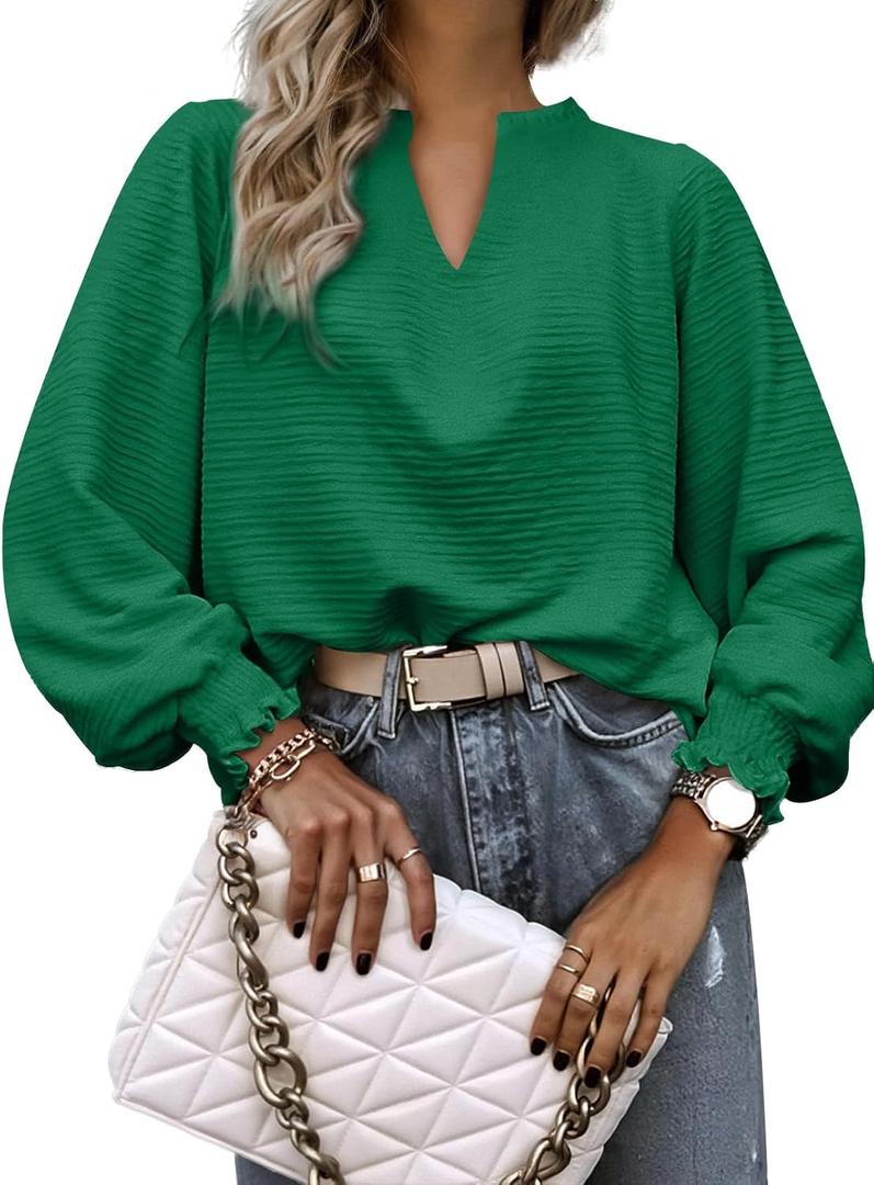 Womens Tops Dressy Casual Long Sleeve Shirts Loose V Neck Business Work Tunic Blouses (Green, XL)