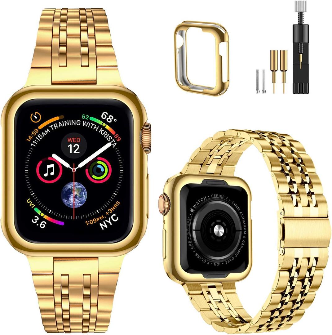 MioHHR Compatible with Apple Watch Band 45mm 44mm 42mm (Series 3/2/1), Solid Stainless Steel Metal Strap Band for iWatch Series  3 2 1, Gold