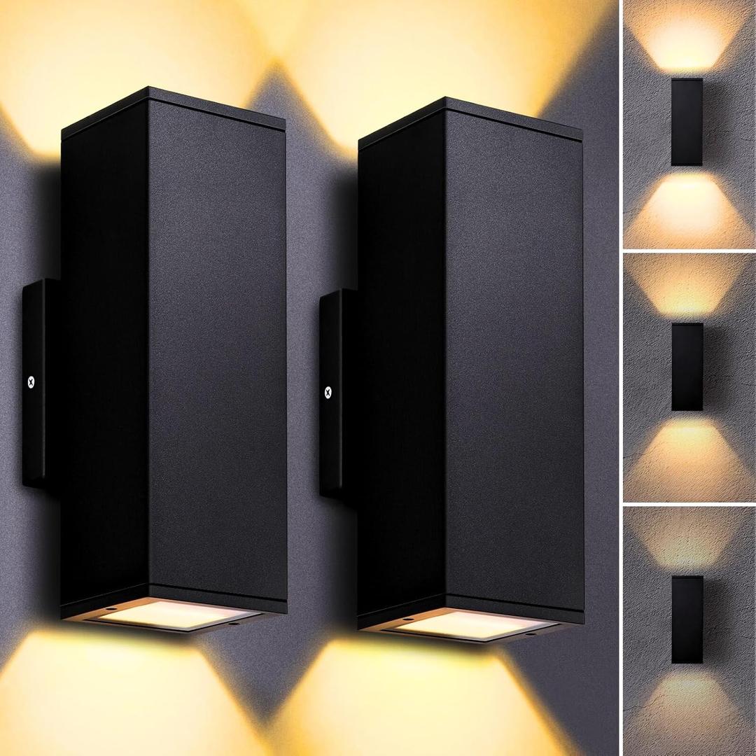Dimmable Wall Lights Outdoor 2 Packs, Integrated LED Square Up Down 12W 2700K Modern Aluminum Light, Waterproof Exterior Lighing Fixtures for Porch Patio Garage Gardern (Black)
