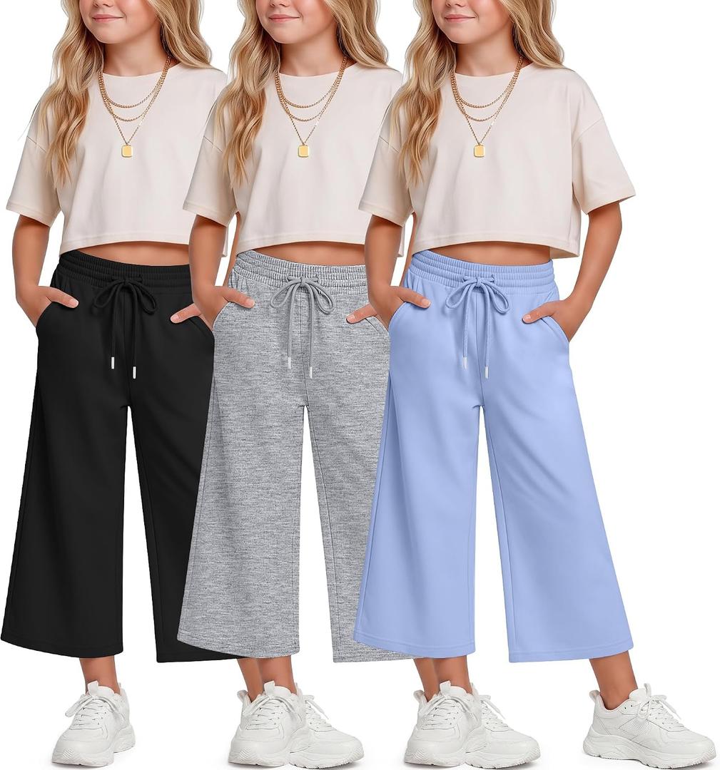 Halfchet 3 Pack Girls Capri Pants Wide Leg Baggy Cropped Sweatpants Kids Basic Casual Capris with Pockets for Ages 5-14