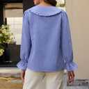 siliteelon Plaid Shirts for Women Gingham Top Button Down Shirts Peter Pan Collar Puff Long Sleeve Cotton Casual Work Blouse Blue