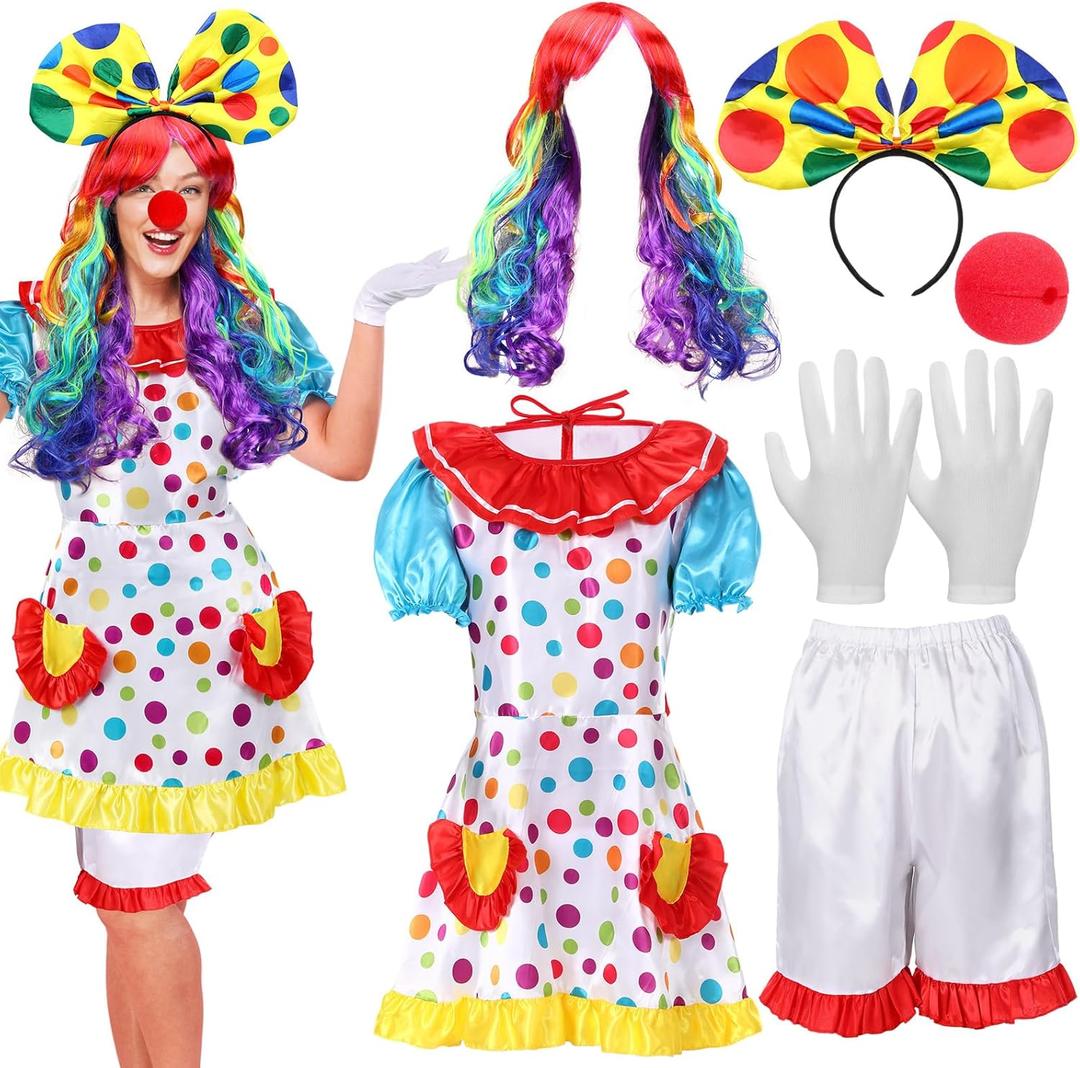 6 Pcs Clown Costume Set Women Circus Dress Rainbow Clown Wig Headband Nose Shorts Gloves for Halloween Cosplay (M)