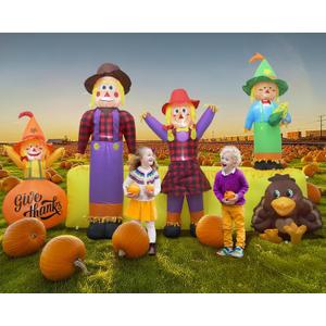 10 FT Thanksgiving Inflatables Fall Outdoor Decorations, Blow Up 4 Scarecrow Family & Hay Bale & Turkey, Built-in 9 LED Lights & Blower, Perfect Thanks Day Autumn Harvest Yard Garden & Lawn Dcor