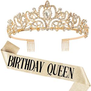 COCIDE Birthday Queen Sash & Rhinestone Tiara Set Silver Birthday Sash and Tiara for Women Birthday Decoration Kit Rhinestone Headband for Girl Glitter Crystal Hair Accessories for Party Cake Topper (4 Gold)