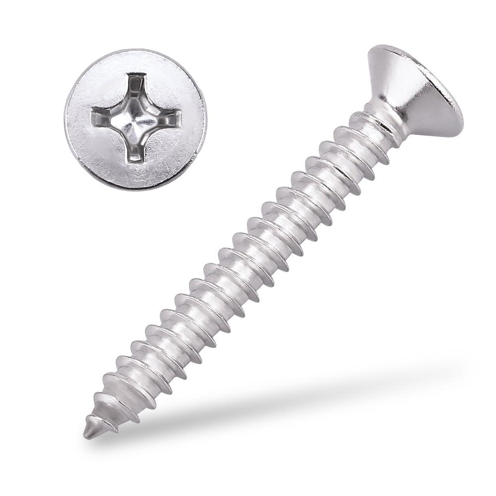 #8 x 1-1/2" (100 pcs) Flat Head Sheet Metal Screws, 304 Stainless Steel (18-8), Phillips Drive, Self Tapping, Corrosion Resistant Screws for Wood, Sheet Metal and More