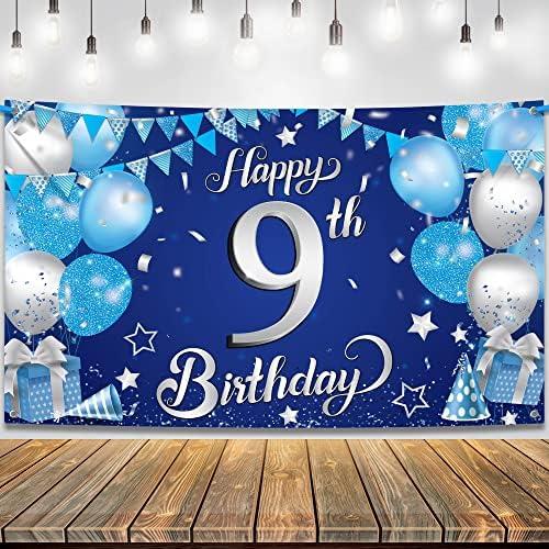 KatchOn, Blue Happy 9th Birthday Decorations Banner - XtraLarge 72x44 Inch | 9th Birthday Decorations for Boys, Girls | Happy Bday Decor | Bday Backdrop Banner for Blue Party Decor