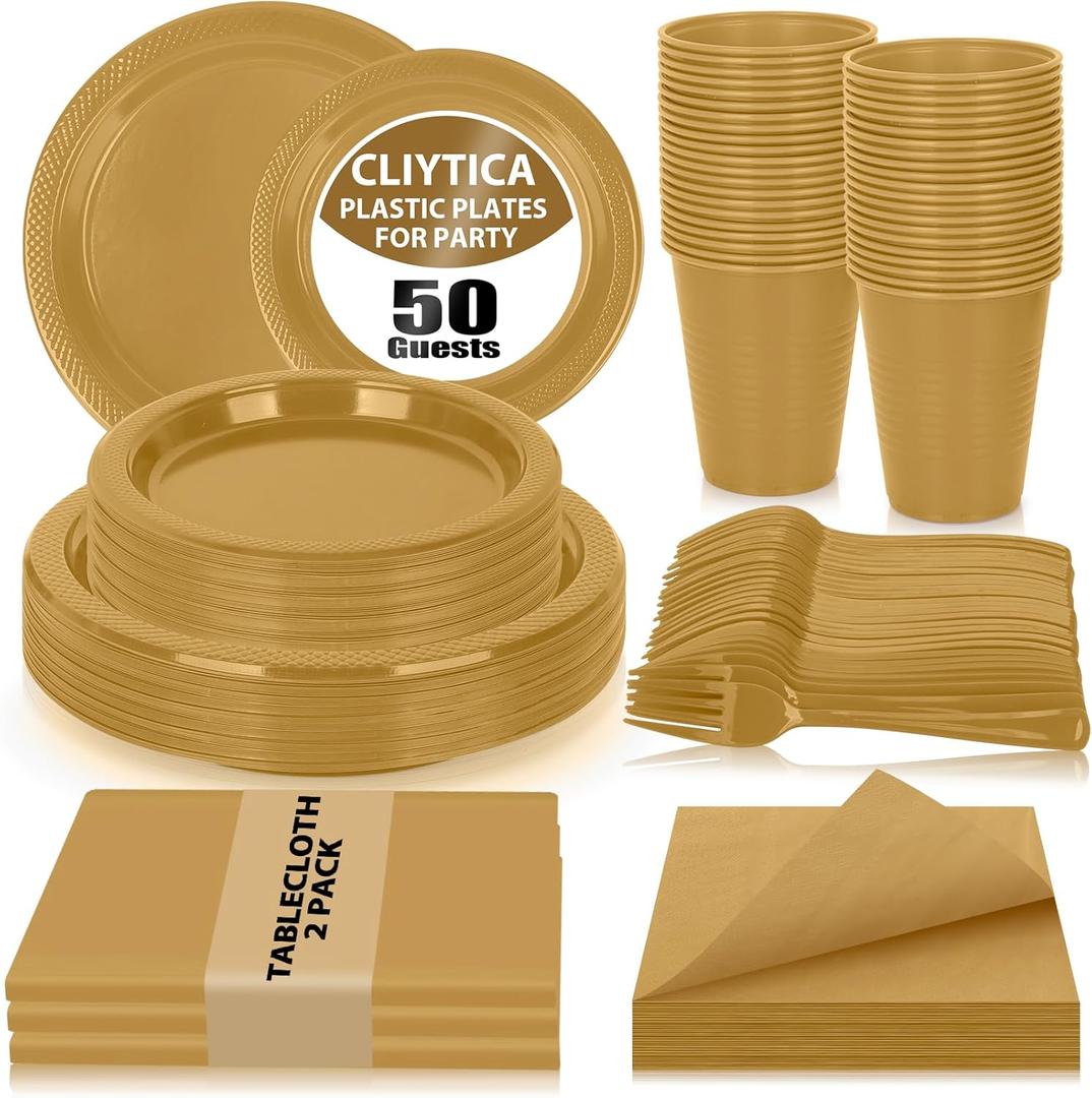 Gold Plastic Plates Set-50 Guest 9" Dinner Plates & 7" Dessert Plates,12 oz Cups,Napkins,Forks,Disposable Plastic Tableware for Wedding,Corporate Events,Anniversary